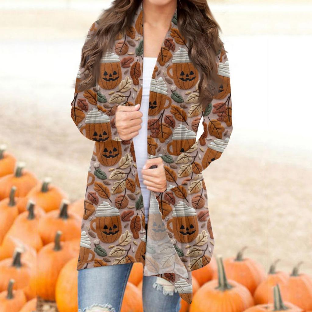 Женская мода повседневная Хэллоуин принтованный длинный рукав кардиган средней длины топы