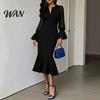 Retro Puff Long Sleeve Dresses Women Fishtail Dress, V-Neck Slimming Chiffon Patchwork Fit for Solid Color Bodycon Midi Dress Party Evening Wedding