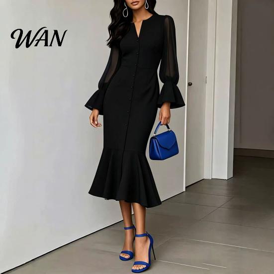 Retro Puff Long Sleeve Dresses Women Fishtail Dress, V-Neck Slimming Chiffon Patchwork Fit for Solid Color Bodycon Midi Dress Party Evening Wedding