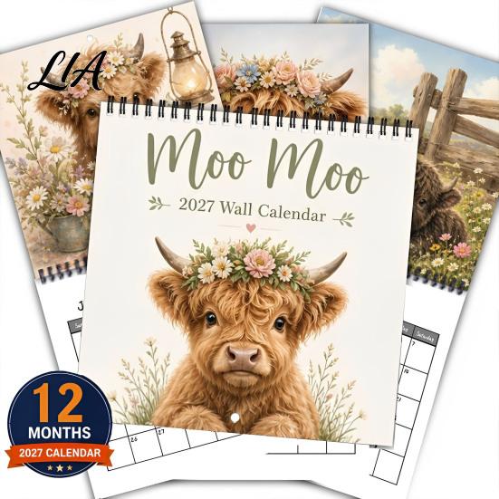Desktop Hanging Calendar 2027 Highland Cow Wall Calendar, Funny Farmhouse Animal Rustic Monthly Appointment Book 12 Planner for Lovers, Home
