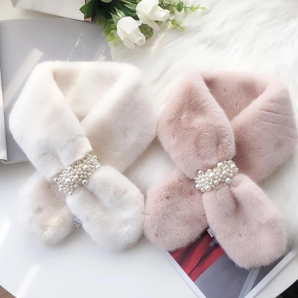 Women Imitation Rabbit Fur Pearl Cross Plush Scarfs Neck Warmers Shawl Warm Scarfs