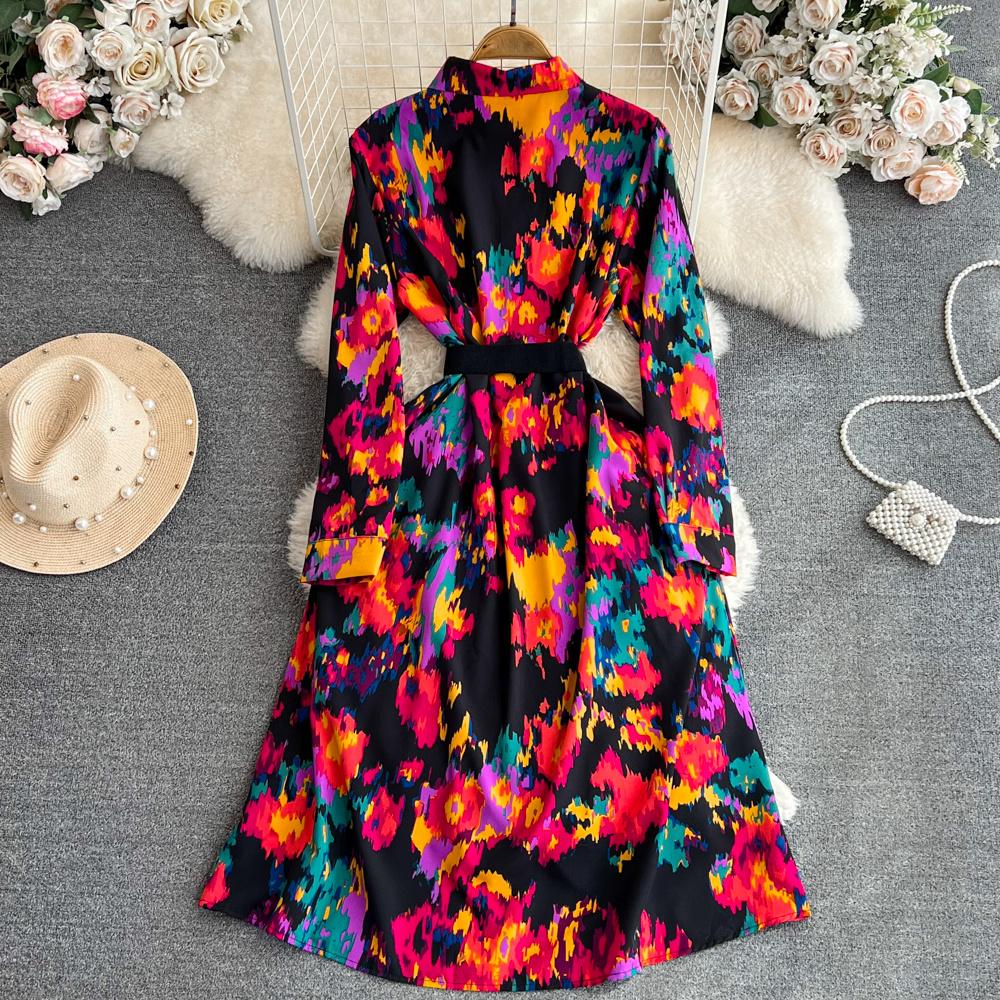 Новое осеннее модное женское платье с цветочным принтом, однобортное однобортное трапециевидное платье с отложным воротником и длинными рукавами, винтажные вечерние платья миди