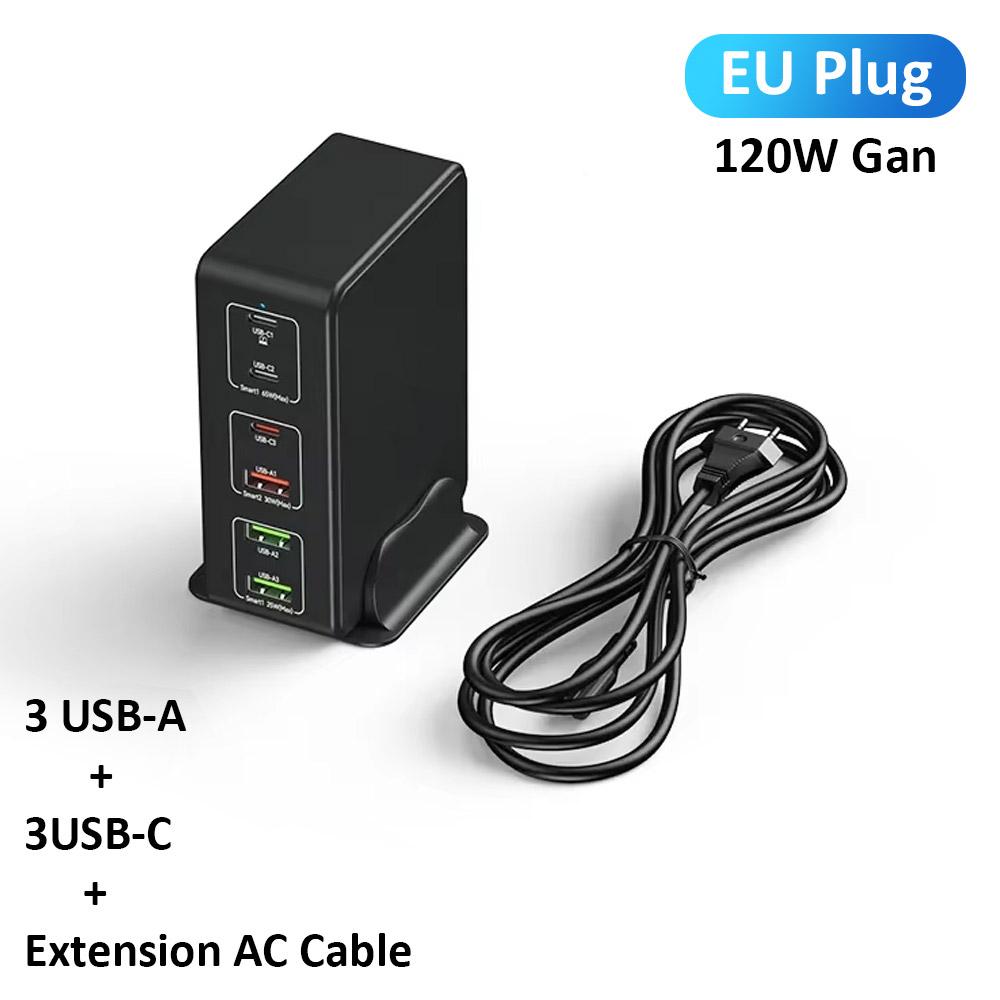 QC3.0 PPS PD 65W 6-портовая зарядка Gan 120W Зарядная станция 3C+3A для iPhone Samsung Xiaomi Смартфон Ноутбук Настольный ПК Быстрая зарядка