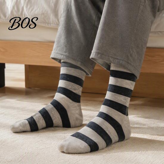 Essential Basic Trouser Socks 1 Pair Men's Stripe Crew Socks, Mid-Calf Dress for Business, Comfortable Business Casual Breathable Cotton with