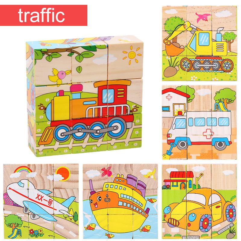 Деревянный пазл Шесть сторон раскрашены Трехмерный Пазл Транспорт Животные Строительные блоки Монтессори Игрушки для раннего развития TMZ