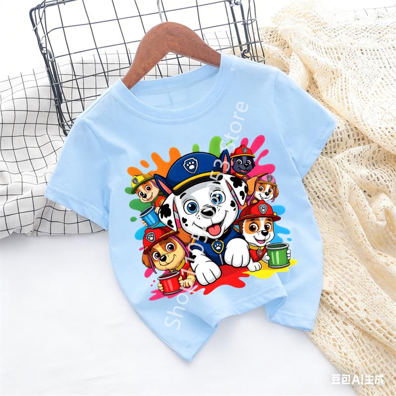 PAW Patrol Children Short Sleeve Tshirt Cartoon Chase Skye Print Pullover Boys Girls Summer Breathable Casual Cotton Tops Gifts