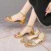 Модные женские сандалии 2025 Новая повседневная обувь Женские летние золотые сандалии с открытым носком Квадратный ремешок на щиколотке Низкий каблук Сандалии Sandalias De Mujer