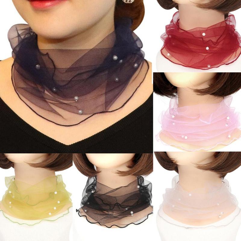 1pc Elegant Transparent Women Ladies Scarf Fake Pearl Decor Mesh Necklace Scarf Circle Scarf For Autumn Clothing Accessories