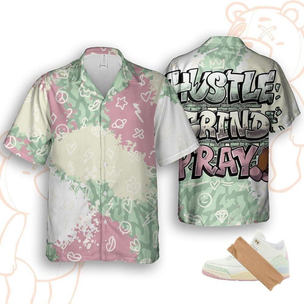 AJ 3 Spring Is In The Air Matching Hawaiian Shirt and kids tshirt Hustle Grind Pray 3D Sneakerhead Gift, Tropical Print Summer Top for Men, Women