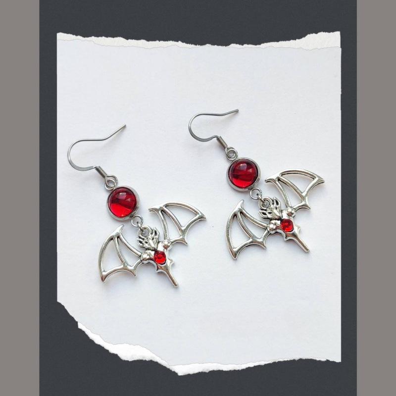 Gothic Red Crystal Vampire Bat Earrings