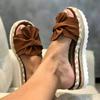 2025 European and American summer new slope heel bow + slippers women's 2025 beach thick-soled hemp rope large-size slippers