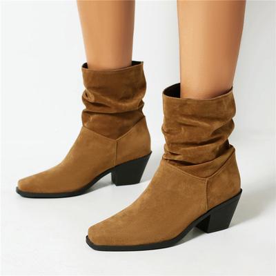 Женские ботильоны, плиссированные полусапожки на толстом высоком каблуке с квадратным носком, лаконичная женская модная обувь, зимняя черная, хаки, коричневая 43