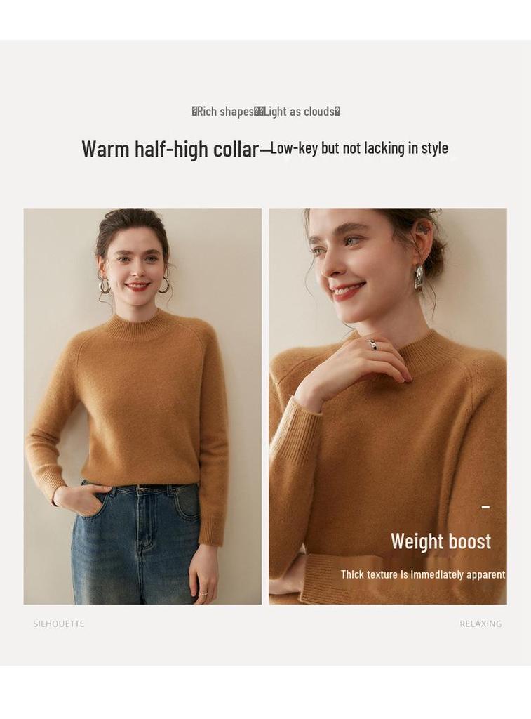 Women's 100% Pure Cashmere Sweater - Autumn/Winter Thick Half-High Collar Knit Base Layer, Loose Slimming Short Style