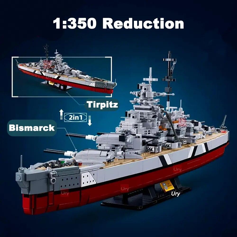WW2 Military Warships KMS 2in1 Bismarck Battleship Fleet Collection Building Blocks Classic Model Toy for Kids Boy Gift
