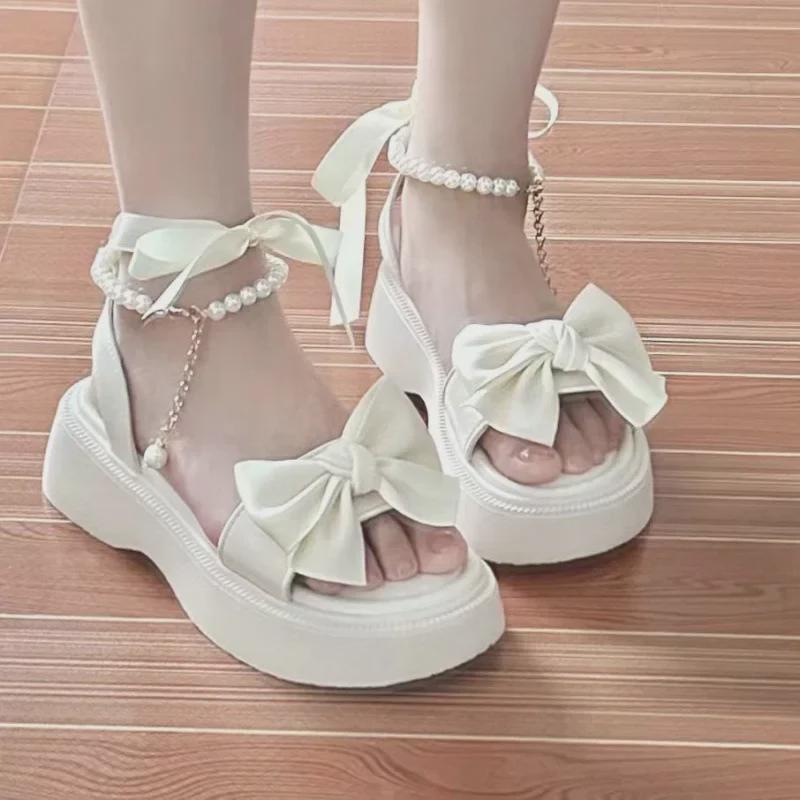 Women's 2024 Summer Fairy Style Platform Sandals with Bow, Thick Sole, Pearl Accent, and One-Strap Design
