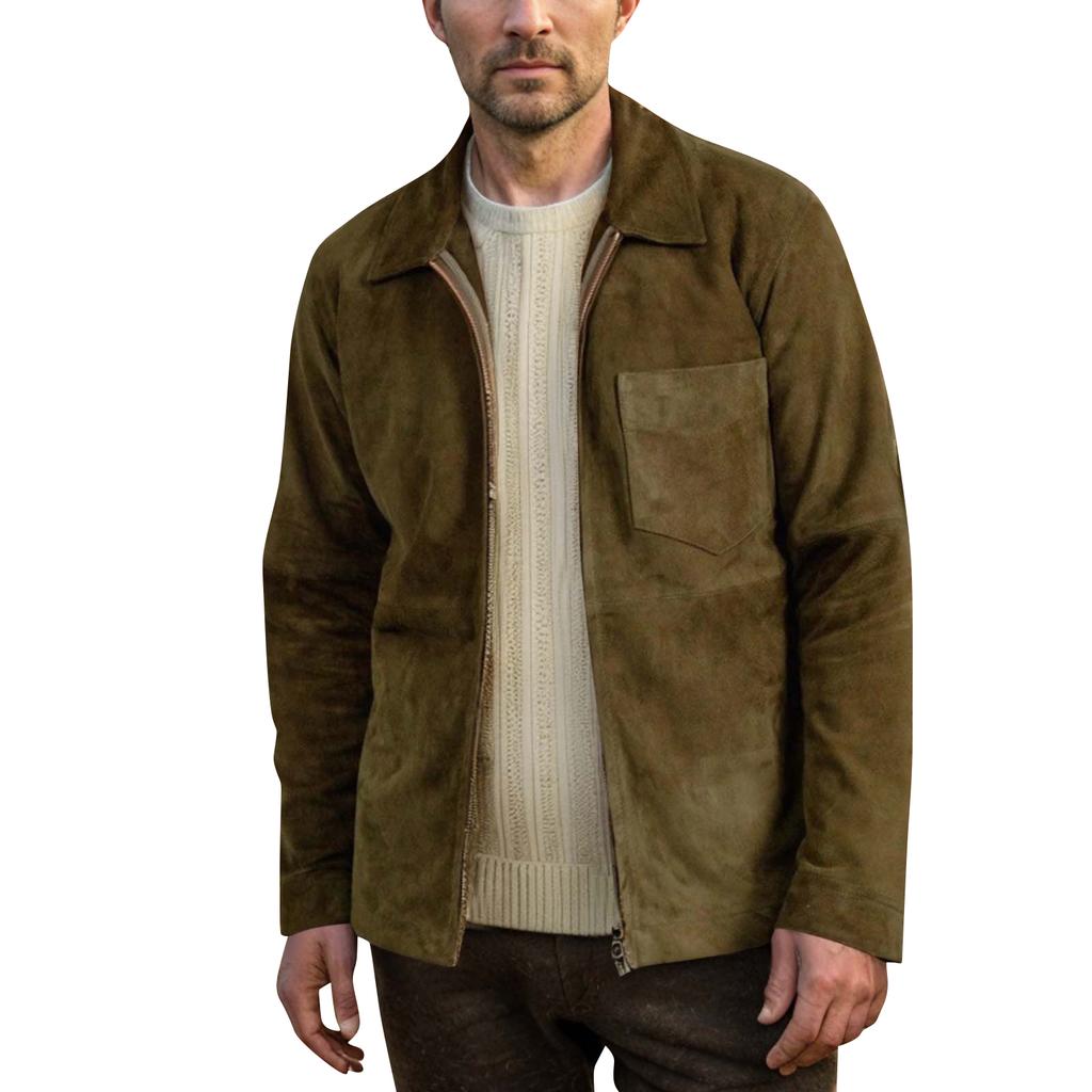 Мужская однотонная замшевая повседневная приталенная куртка с карманами, лацканами и молнией