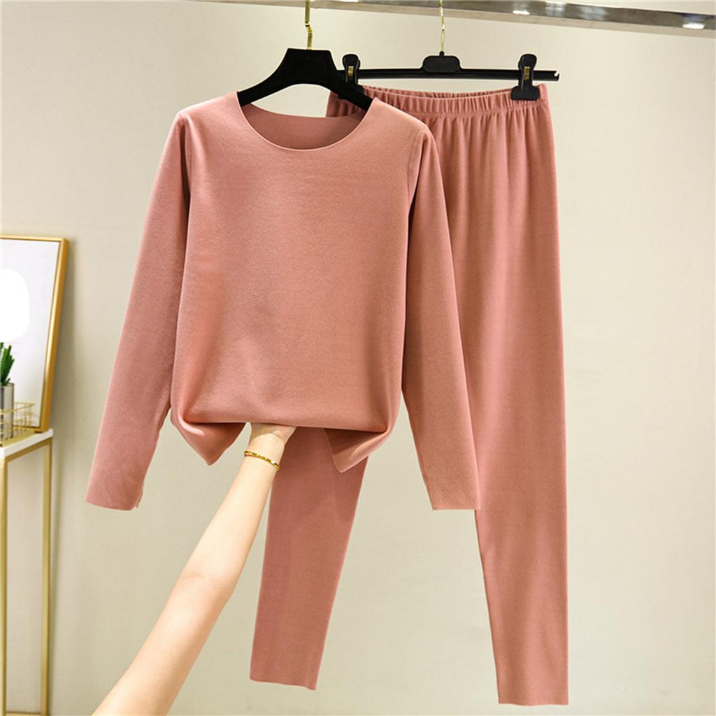 Ladies' Casual And Comfortable Long Sleeved Solid Color With Thick Velvet Sleepwear And Warm Pants Set