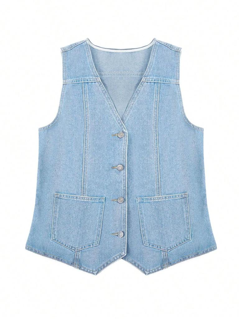 Women's Denim Vest Button Down V Neck Sleeveless Casual Jean Jacket