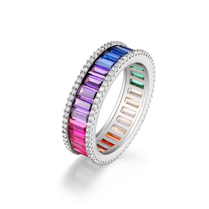 Cross-border S925 Rainbow Zircon Ring for Men & Women - Single Row Pave Gemstone, European & American Fashion Personality
