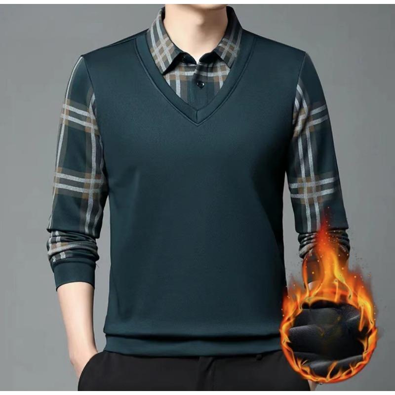 Осенне-зимняя теплая мужская одежда, бесшовная поддельная теплая рубашка из двух частей, плюс бархатная поддельная повседневная рубашка-воротник для папы