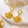 Ethnic Lotus Flower Earrings for Women Minimalist Hollow Pink Rhinestones Flower Hoop Earrings Elegant Party Jewelry Gift