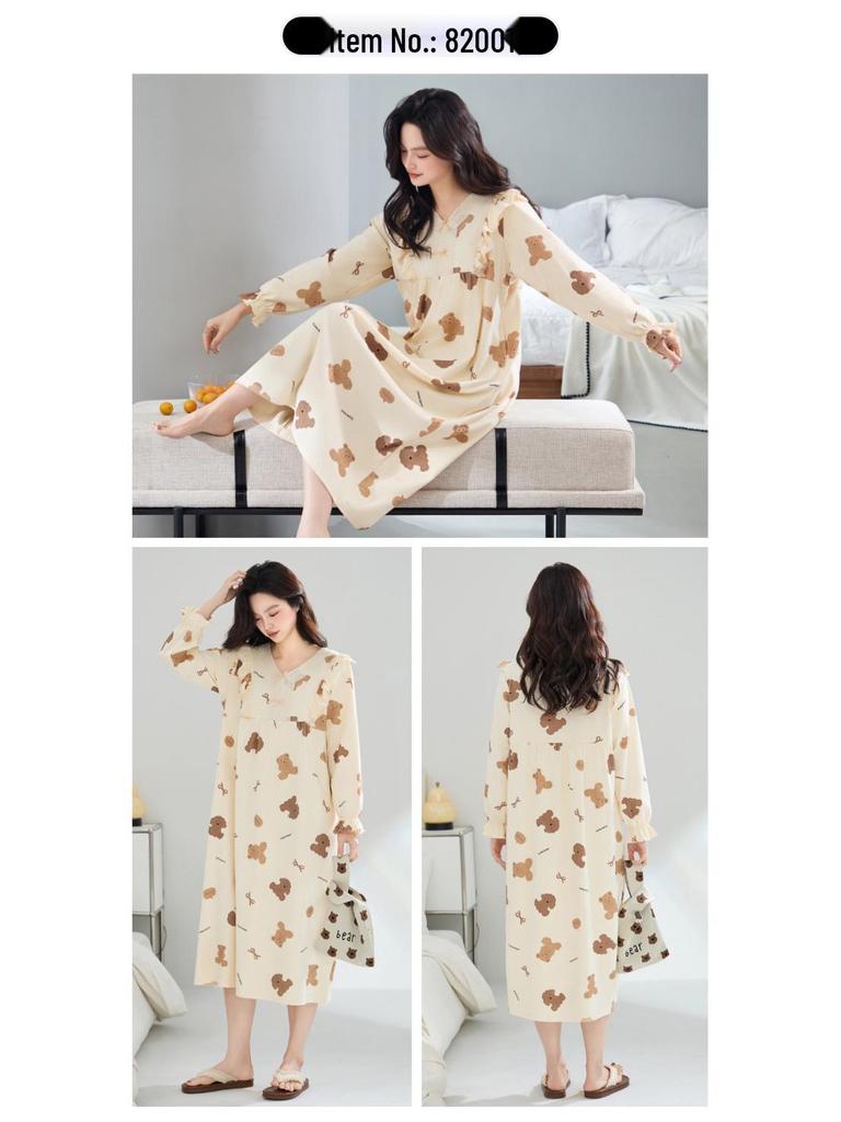 Женская ночная сорочка для беременных из 100% чистого хлопка с антибактериальным эффектом, в корейском стиле, с длинным рукавом - свободного кроя для осени/зимы/весны