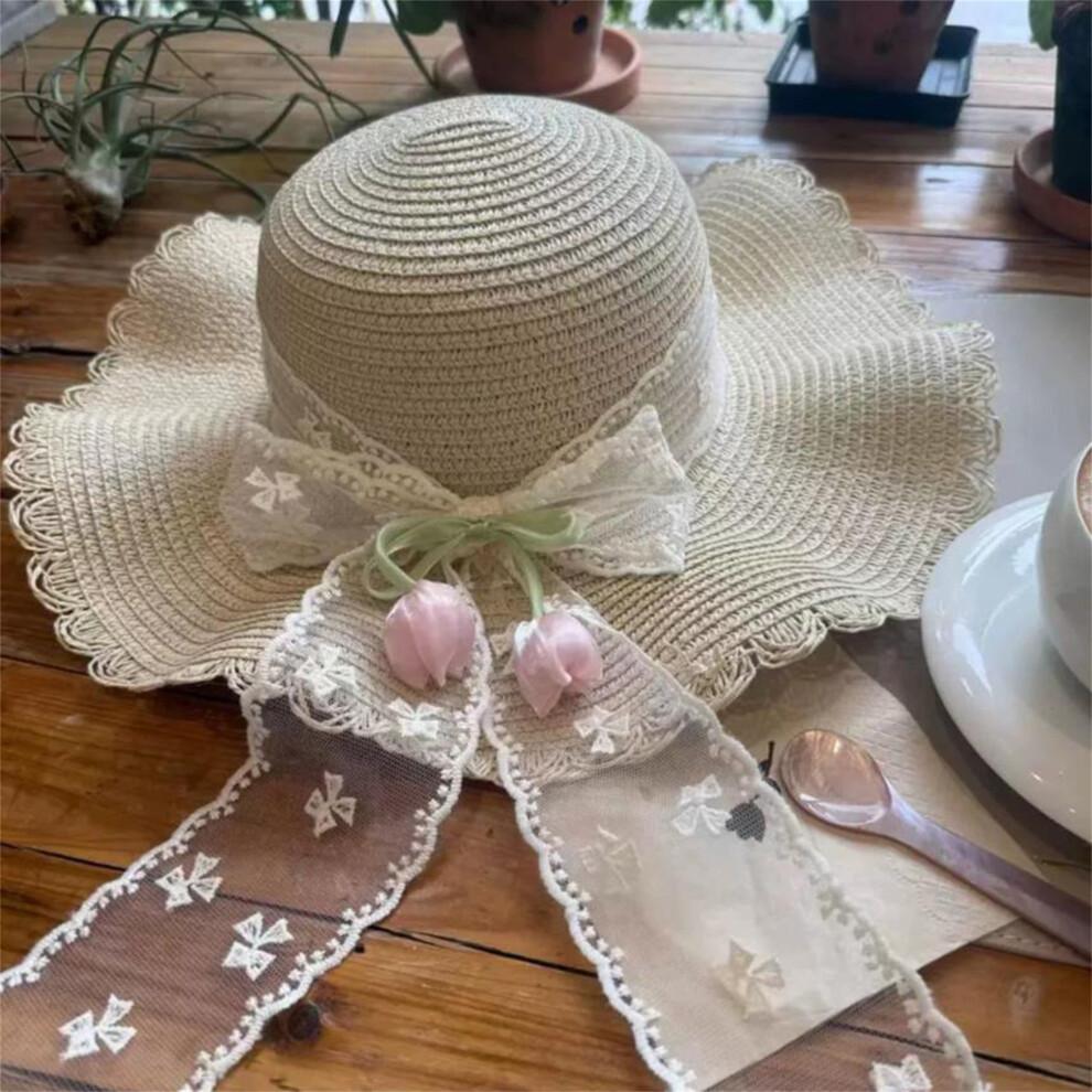 (One Size, Yellow) Women's Straw Sun Hat Breathable Stylish Decorative Tulip Lace Band Wide Brim Beach Hat