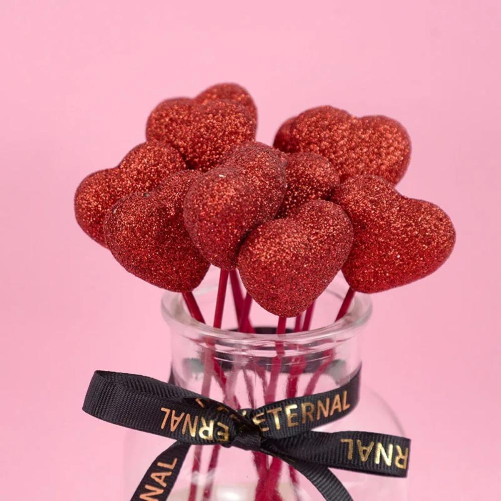 10pcs Glitter Vase Pick Stick Foam Cake Topper Shinny Red Heart Branch Dessert Cake Decor