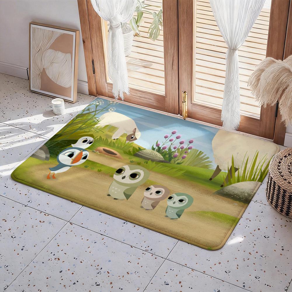 Cartoon C Puffin Rock Floor Mat Eco Flannel Doormat Non Slip Odorless Indoor Floor Rug Soft Short Plush Home Mat