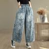 DIMANAF 2025 Большой размер Осенние джинсы Новые длинные брюки Цветочный принт Женские свободные джинсовые брюки Большой размер Повседневные