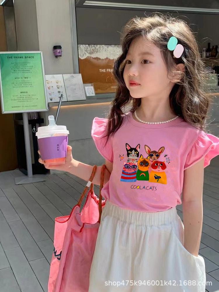 Girls Summer Cotton Cartoon T Shirt Cute Flutter Sleeve Short Sleeve Top Baby Breathable Comfortable Undershirt