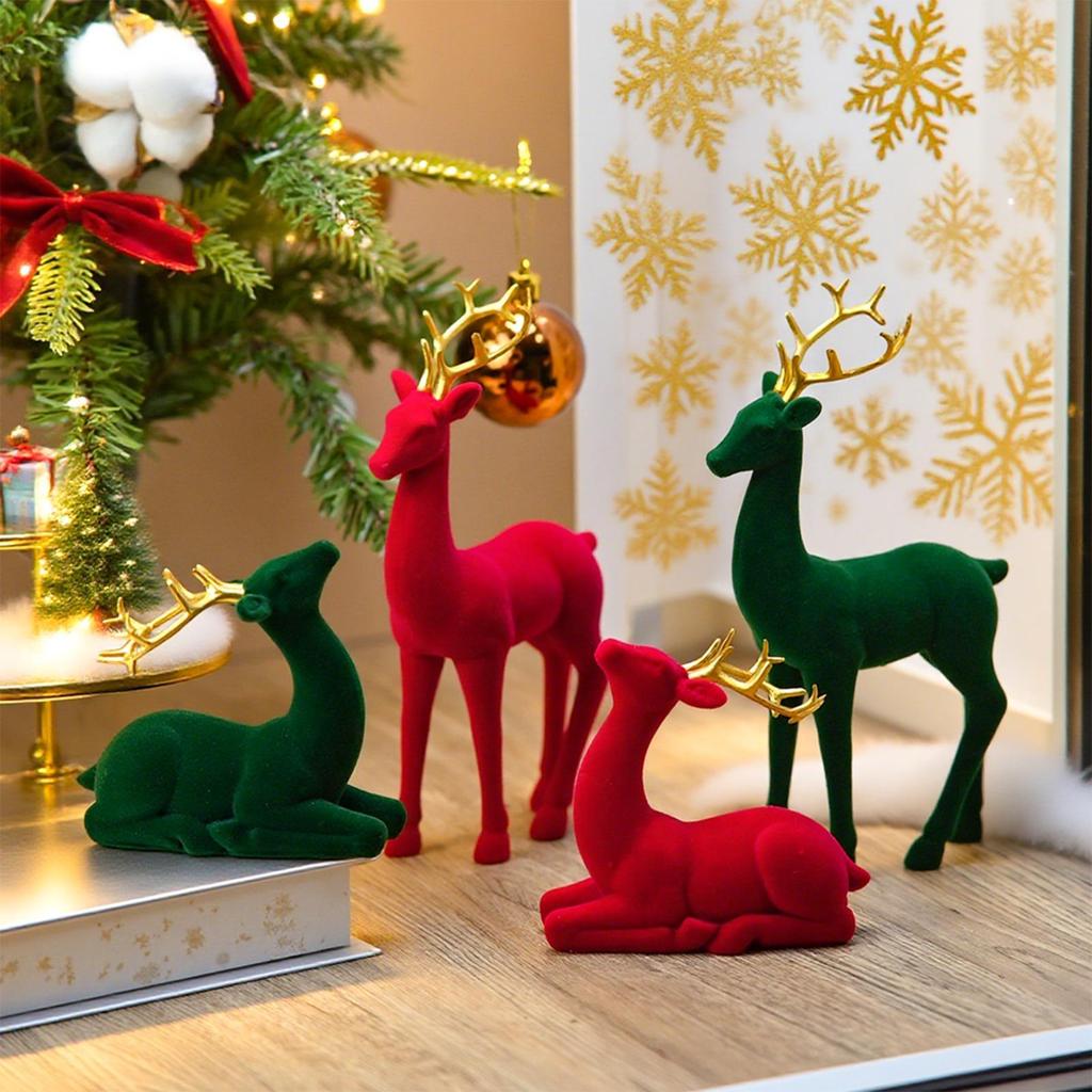 Reindeer Christmas Decor Flocking Deer Statue 2 Pieces Standing Sitting Sculpture Red Green Aesthetic Elk for Party Bedside