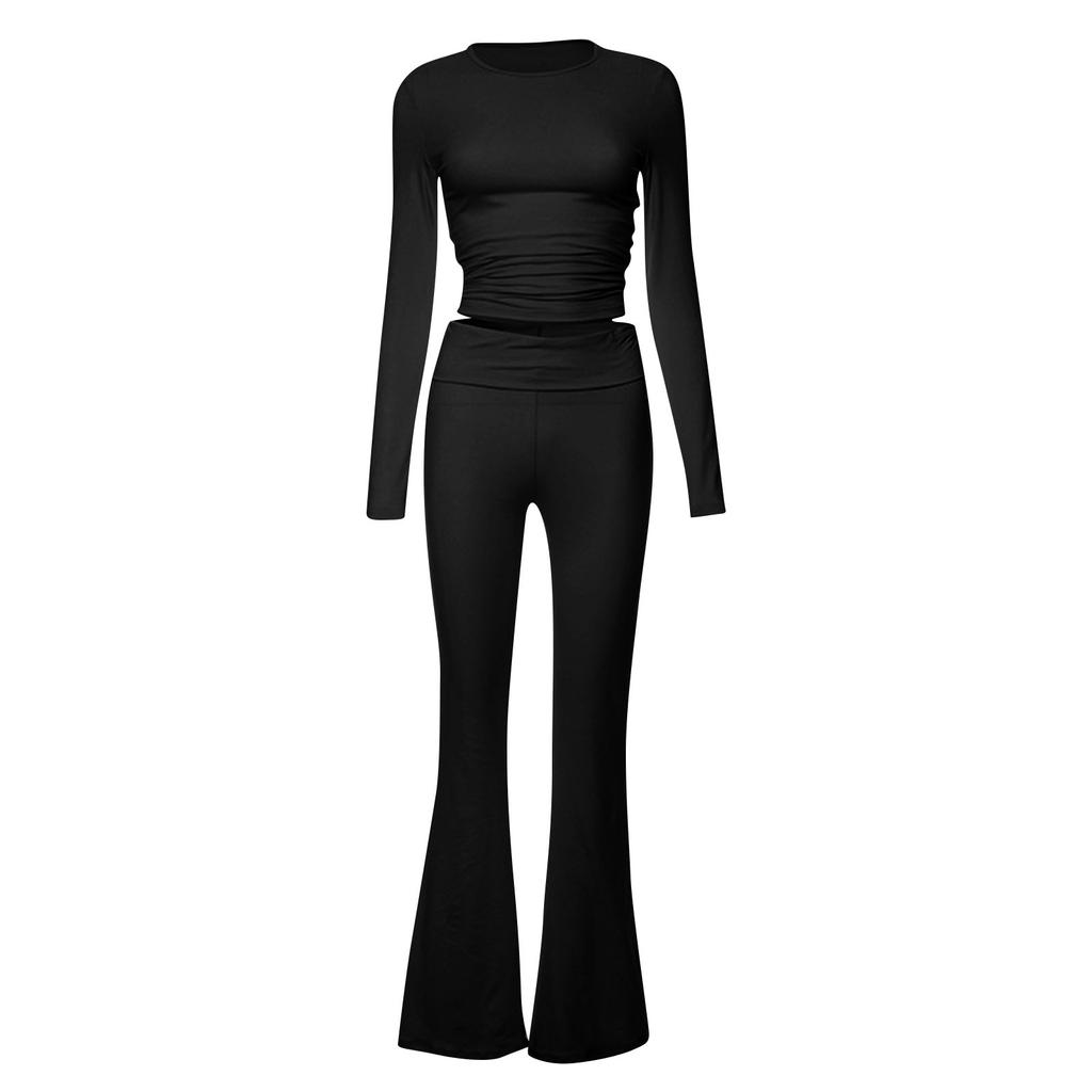 Women's Fashion Solid Color Round Neck Long Sleeve Top Wide Leg Pants Set