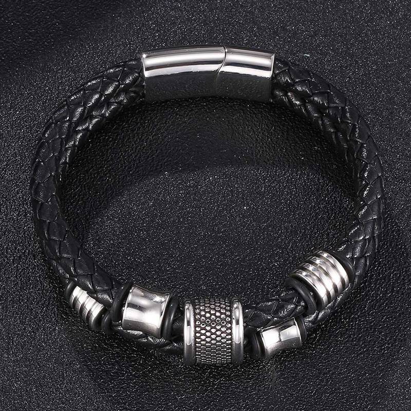 New Punk Jewelry Men Braided Genuine Leather Bracelet For Men Stainless Steel Clasp Double Layer Bangles