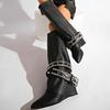 Модные ботинки с заклепками, черные длинные сапоги для женщин, панк-стиль, острый носок, сапоги до колена, женские модные ботильоны на танкетке из искусственной кожи, ботильоны 35-42