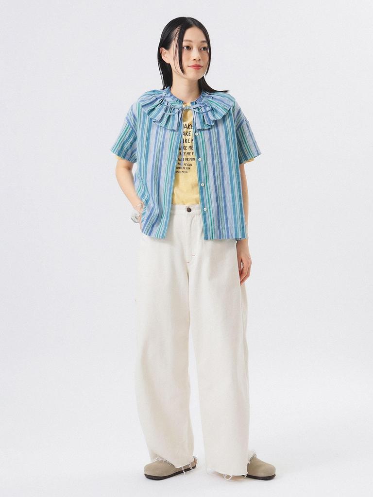 Beams Boy Women's Striped Ruffle Short Sleeve S/S Shirt, Blue, Free Size