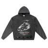 DTG Print Knitted Denim Zip-Up Hoodie Grim Reaper Brother Print Zipper Hoodies  