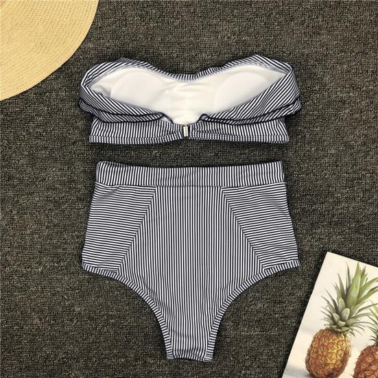 2 Pcs/Set Beach Bikini Set Ruffle Striped Patchwork Tankini High Waist Split Beachwear Elastic Quick-drying Bathing Suit