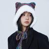 Autumn and Winter Cute Ears Big Head Circumference Colorful Thick Wool Female Warm Face Small Plush Contrasting Color Hat Knitted Hat