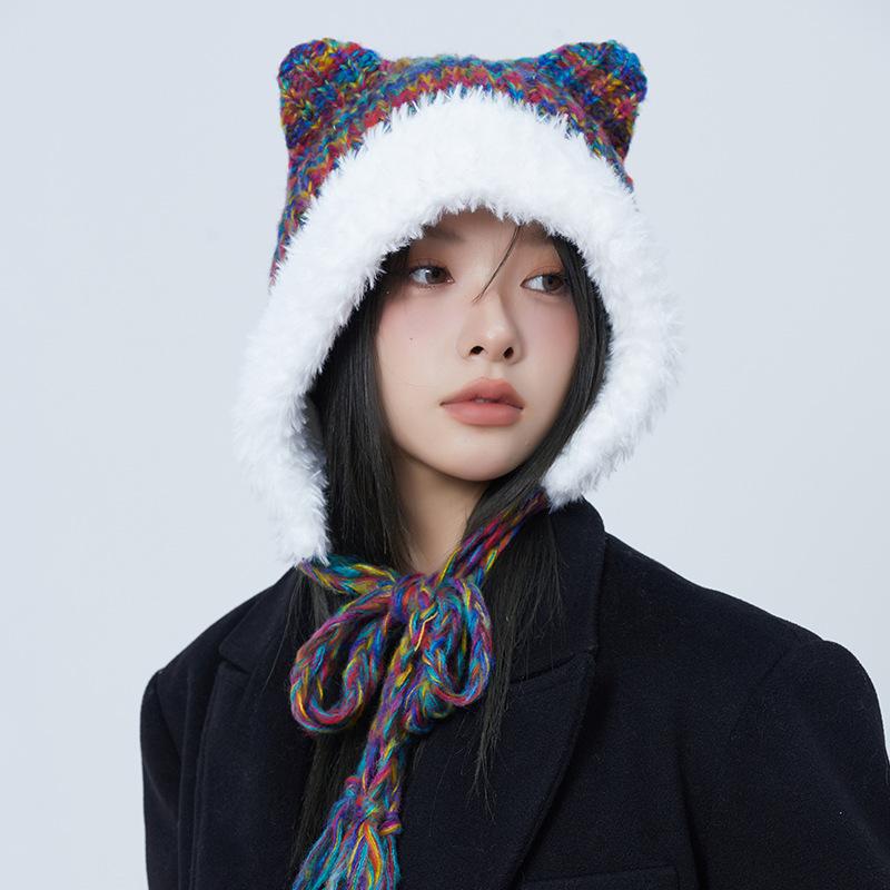 Autumn and Winter Cute Ears Big Head Circumference Colorful Thick Wool Female Warm Face Small Plush Contrasting Color Hat Knitted Hat