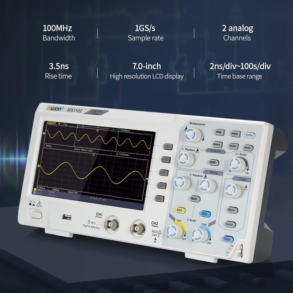 Owon SDS1102 Oscilloscope Oscillometer Digital Storage Oscilloscope 2CH 100MHz 1GS s 7 inch LCD Display