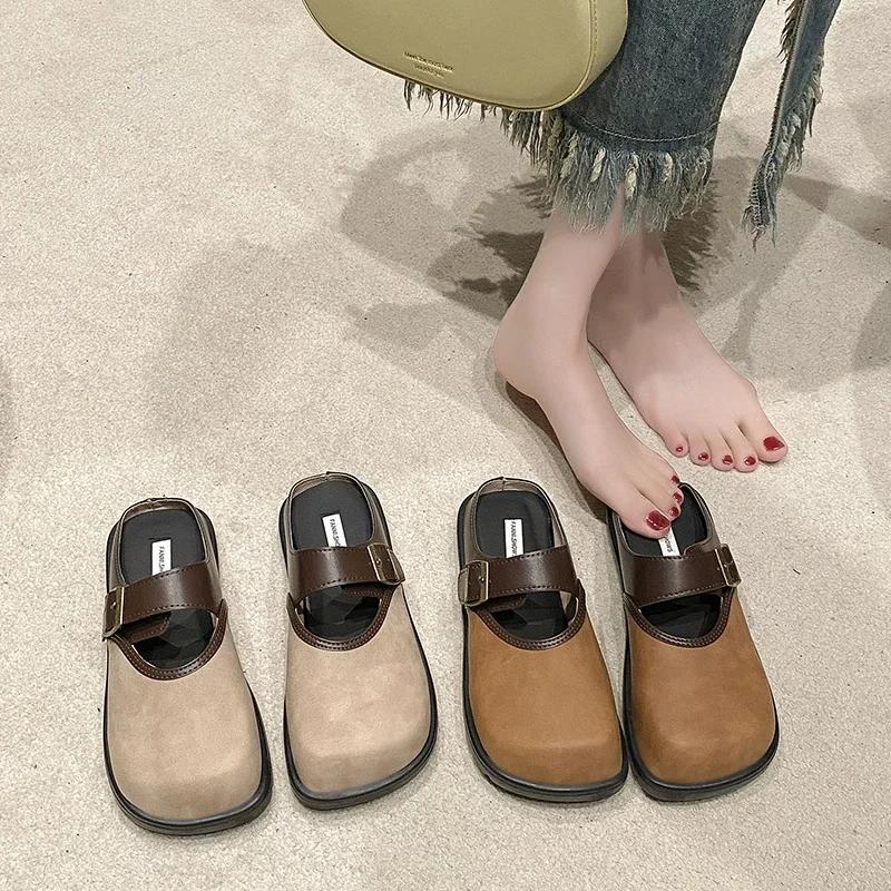 Fashion Women Mules Shoes Slippers Square Toe Flats Summer Designer Casual Outdoor Sandals 2024 New Cozy Flip  Shoes for Women Leisure