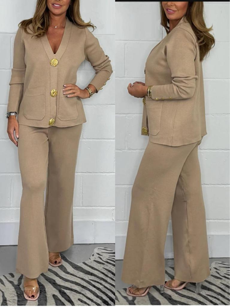 European Style Women's Knit Cardigan & Wide-Leg Pants Two-Piece Set