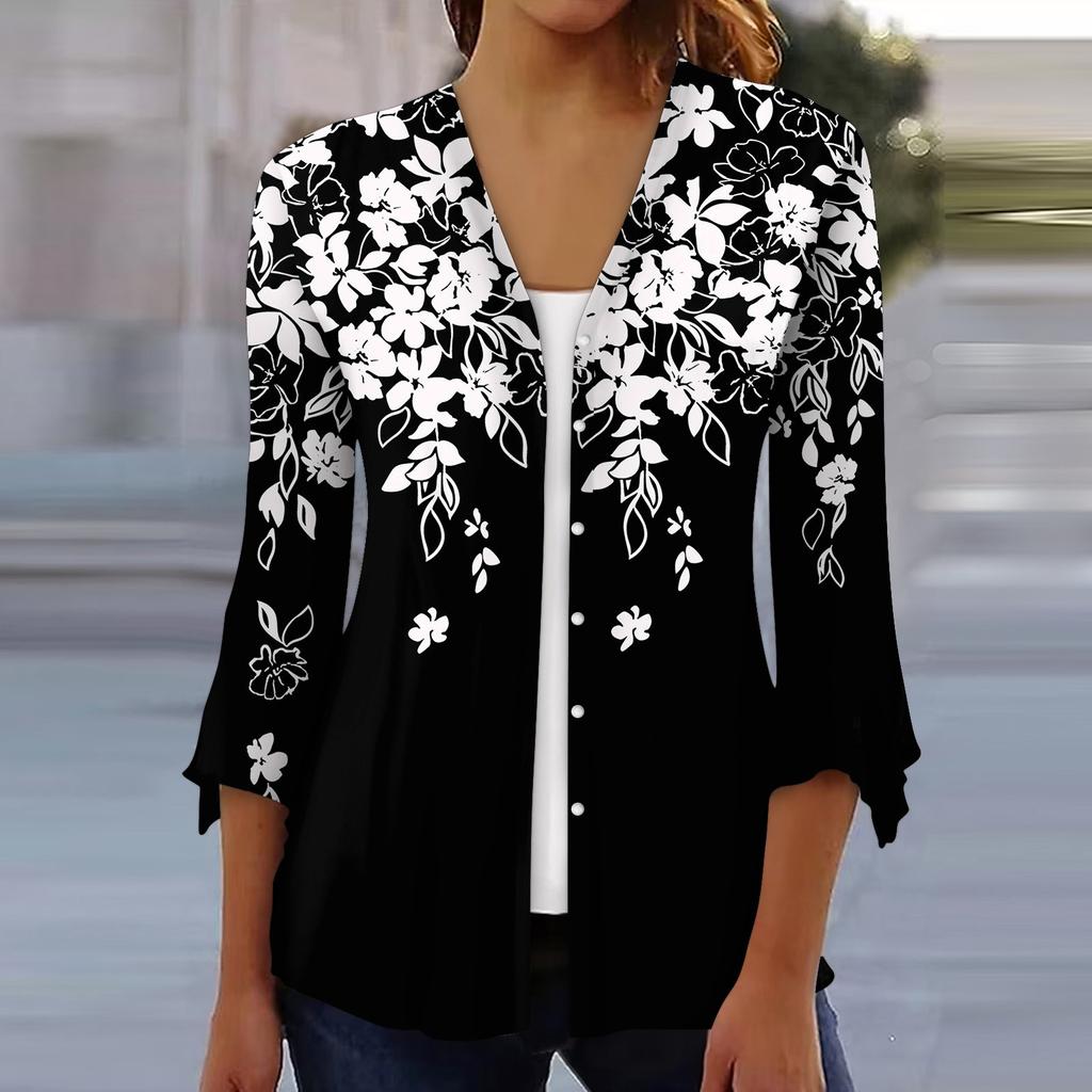 Рубашки с рукавом 3/4 для женщин, свободная футболка с принтом, топы с v-образным вырезом и рюшами на рукавах