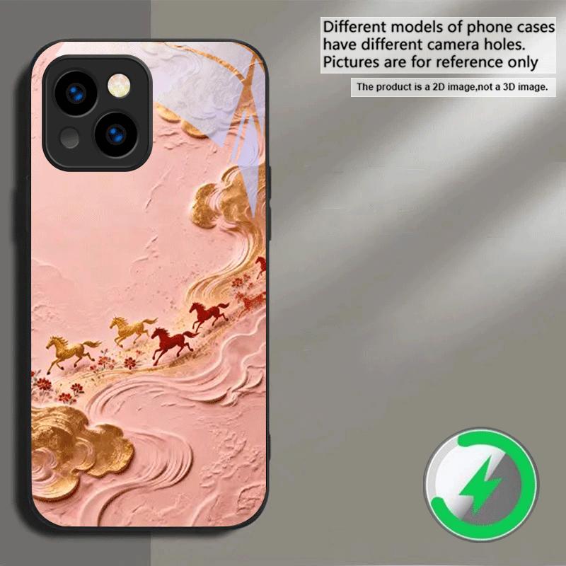 Золотой конь в галопе Подходит для iPhone 16E 17 Pro Max 15 Pro 14 13 Plus 12 mini 11 16 Air 17Pro магнитостойкий Стеклянный чехол для телефона