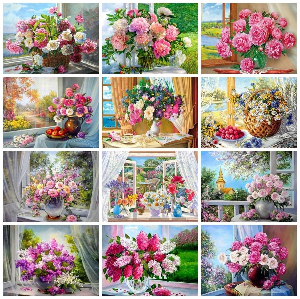 5D DIY Алмазная картина Цветочная мозаика Окно Полный дрель Алмазная вышивка Ремесленный комплект Изображение Горный хрусталь Домашний декор