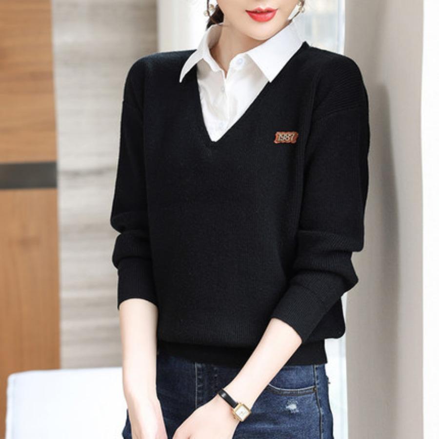 Faux Two Piece Long Sleeve Knit Sweaters Fashion Lapel Shirt Pullover Blouse Women Autumn Winter Tops