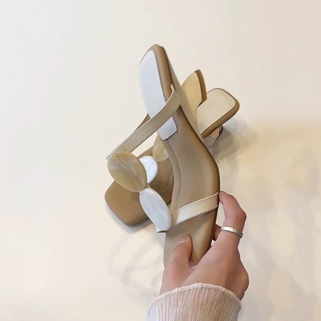 Sheepskin version~ niche French temperament special-shaped wedge heel one-word slippers women's head temperament with skirt beach sandals