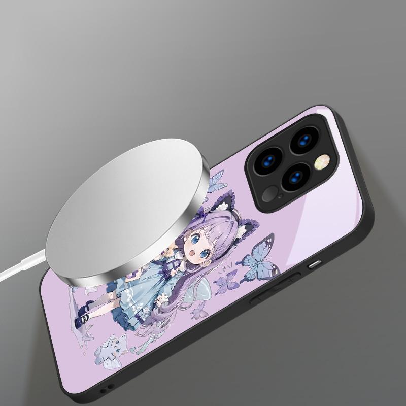 Q-версия Синяя Бабочка Подходит для iPhone 16E 17 Pro Max 15 Pro 14 13 Plus 12 mini 11 16 Air 17Pro Магнитный Стеклянный Чехол для Телефона