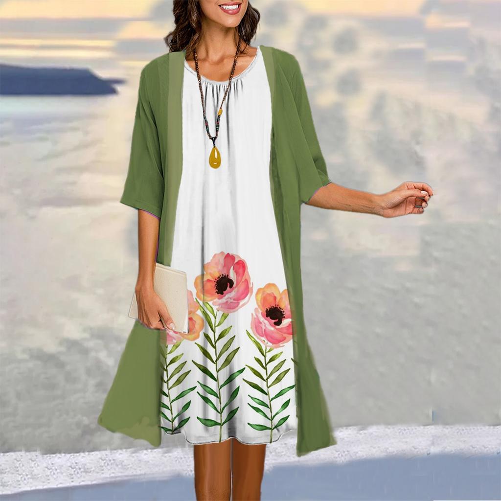 Women's Two-piece Dress Printed Vest Medium Length Dress Cardigan Jacket Suit